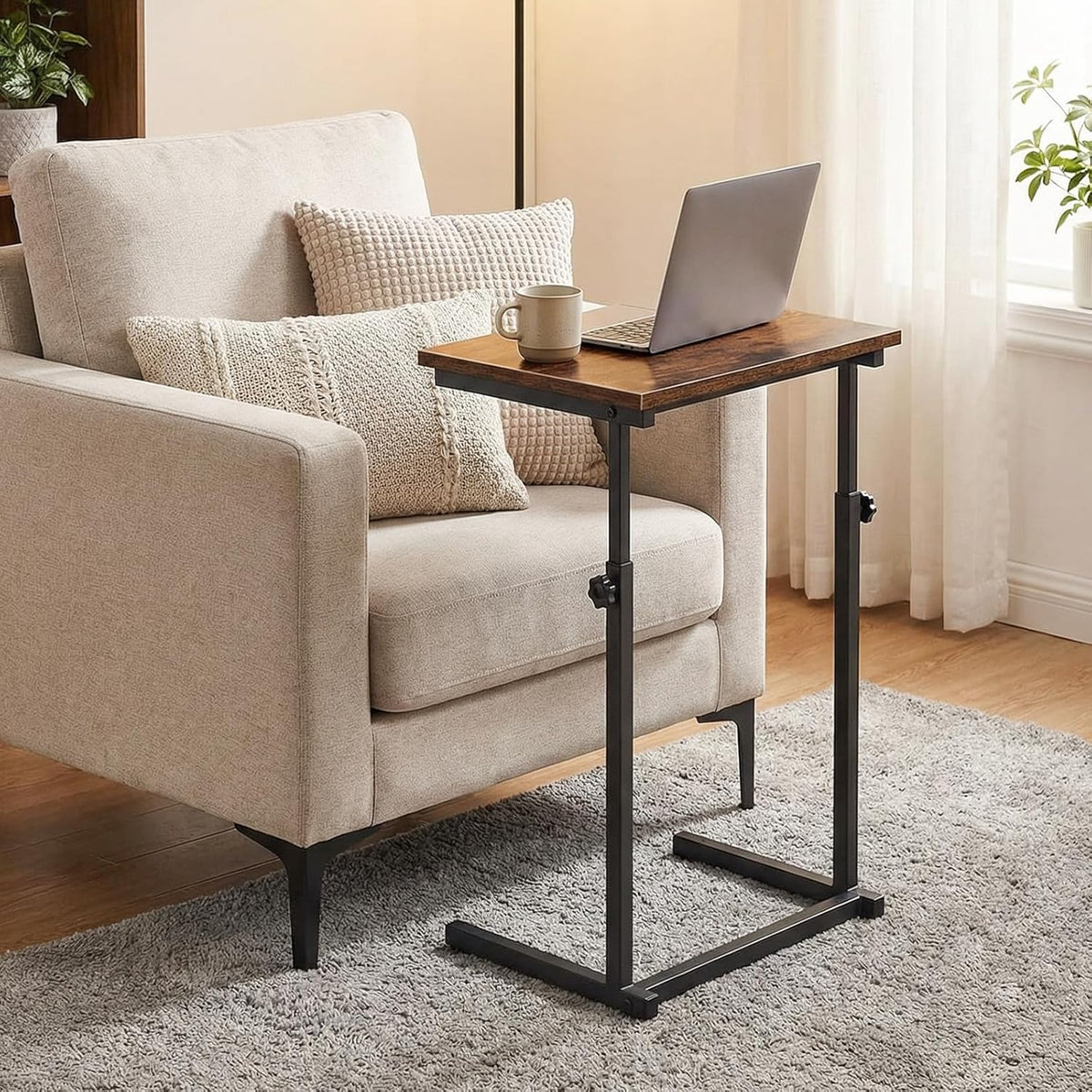 HOOBRO C Shaped End Table, Adjustable Height Sofa Side Table, Slide Under Couch Table, C Shaped Side Table for Small Spaces, for Living Room, Bedroom, Rustic Brown BF71SF01