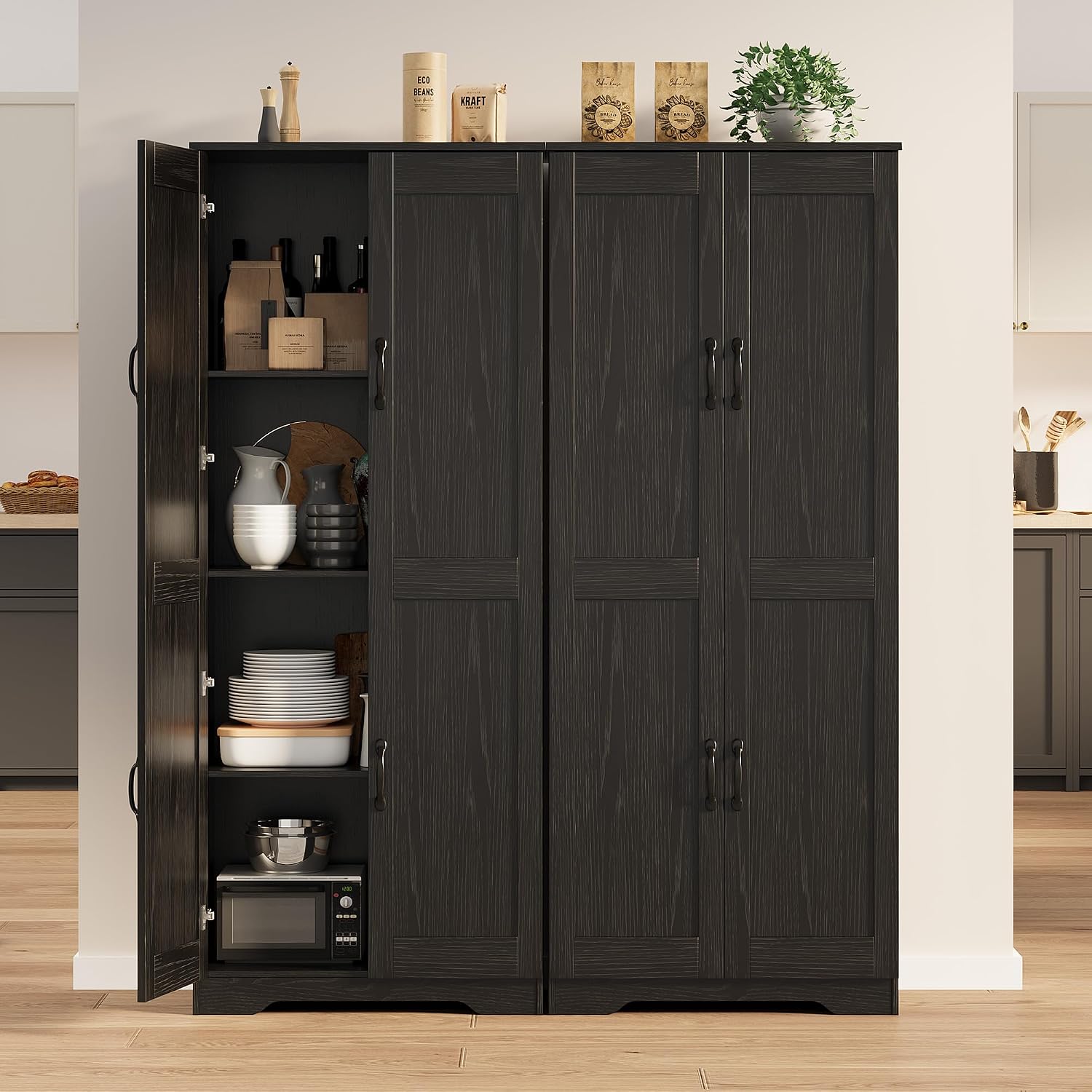 IDEALHOUSE 60" Tall Pantry Cabinet | Kitchen Storage Cabinet with 2 Doors & Adjustable Shelves, Wooden Cupboard for Bathroom，Dining Room, Living Room, Black