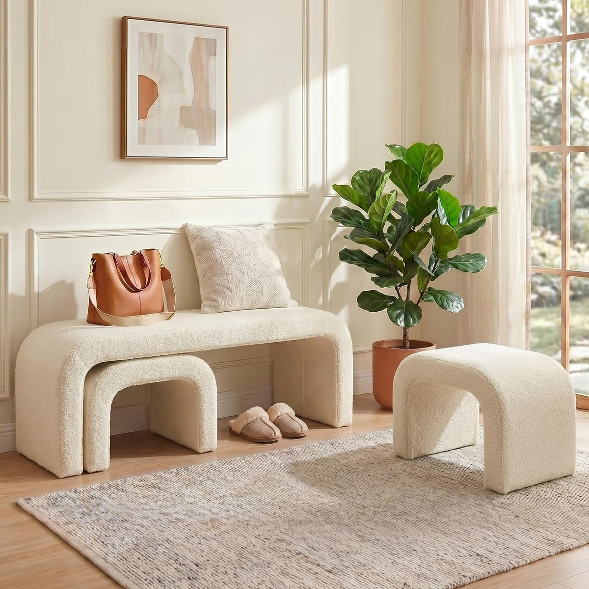 3-Piece Ottoman Bench Set, End of Bed Bench with 2 Foot Stools | 44" Teddy Padded U-Shaped Design, Wood Frame, 500LBS Weight Capacity, No Assembly Required, Entry Bench for Bedroom, Cream