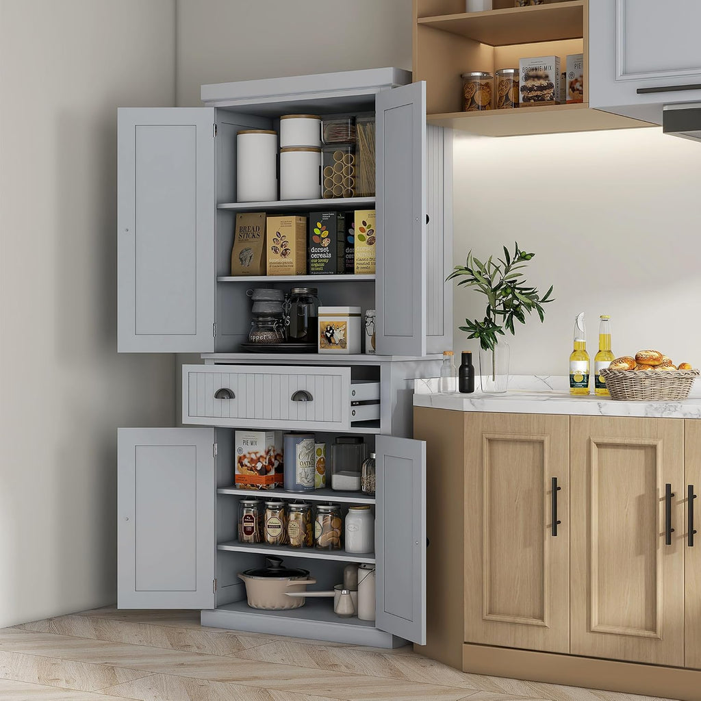 HOMCOM 72" Kitchen Pantry Cabinet Freestanding Tall Storage Cabinet Gray | Traditional Kitchen Pantry, 4 Doors, Drawer, 3 Adjustable Shelves, for Dining Room