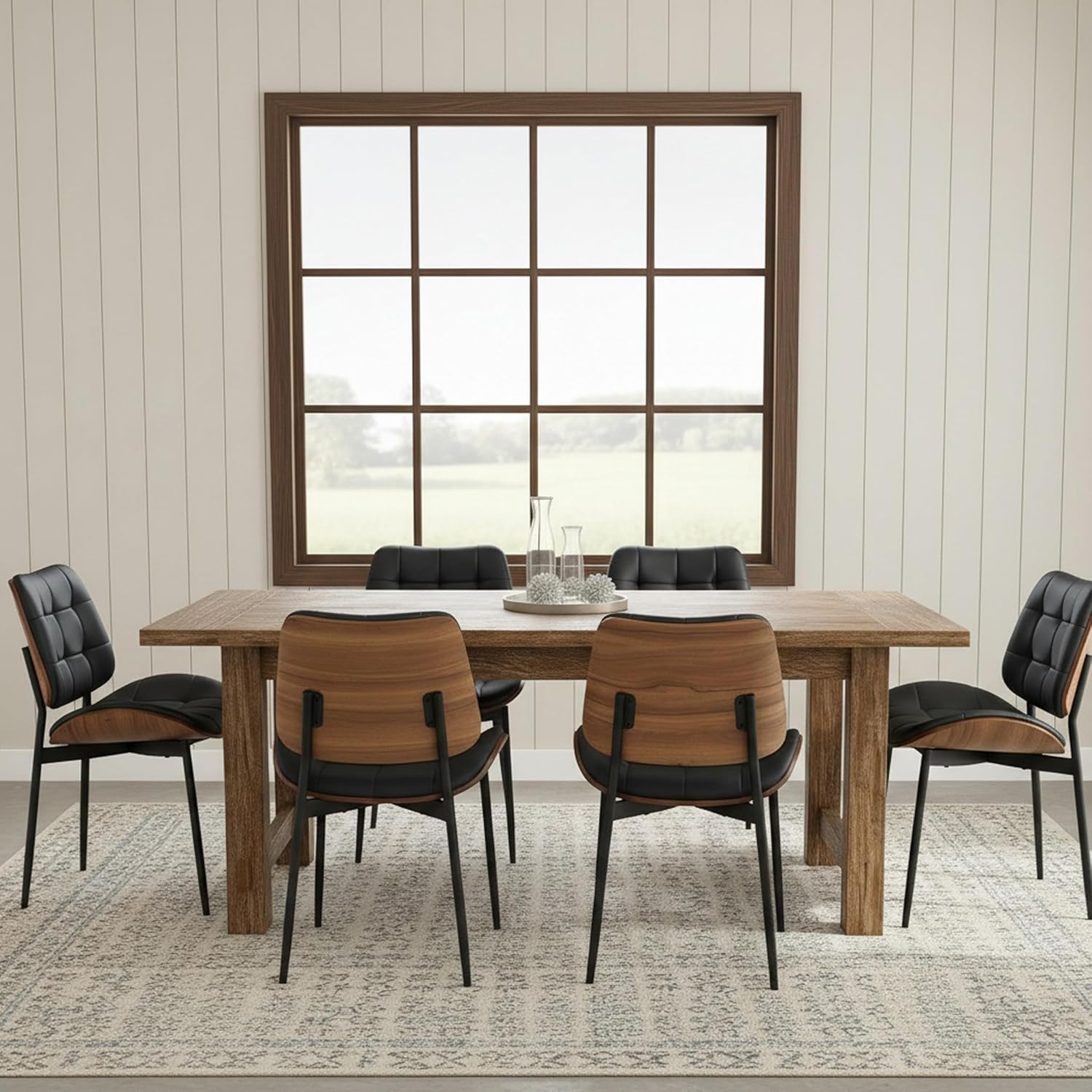 Upholstered Dining Chairs Set of 6, Mid Century Modern Faux Leather Dining Chairs with Walnut Bentwood Back and Metal Legs for Dining Room, Restaurant, Café, Black