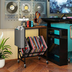 Giantex Record Player Stand, Rolling 2-Tier Turntable Stand with Storage Shelf Up to 130 Albums, Record Player Table w/Metal Frame & Magazine Holder, Vinyl Record Storage for Living Room, Black
