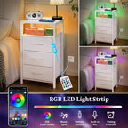 Yoobure Night Stand with Charging Station, 16 Colors LED Nightstand with USB Ports and Outlets, End Table with 3 Fabric Drawers and Storage Shelf, Bedside Tables Small Dresser for Small Space White