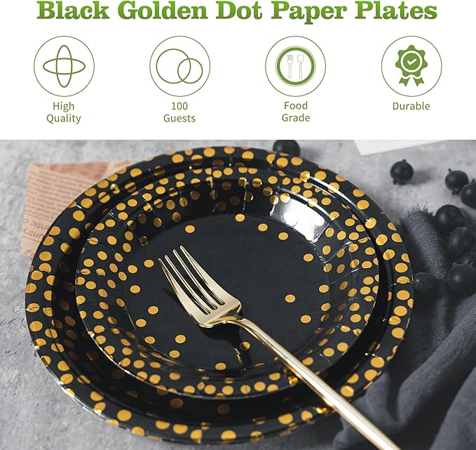 Lullaby 200PCS Black Paper Plates, Black and Gold Paper Plate, 100pcs Dinner Plates 9"，100pcs Dessert Plates 7", Disposable Graduation Plates with Golden Dot for Birthday party, Halloween
