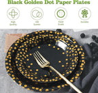 Lullaby 200PCS Black Paper Plates, Black and Gold Paper Plate, 100pcs Dinner Plates 9"，100pcs Dessert Plates 7", Disposable Graduation Plates with Golden Dot for Birthday party, Halloween