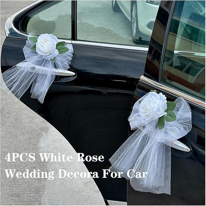 Elegant White Rose Wedding Car Door Handle Decoration – 12cm Artificial Flower with Leaf, White Tulle Bow & Suction Cup Attachment – Set of 4 for Bridal Vehicle Décor