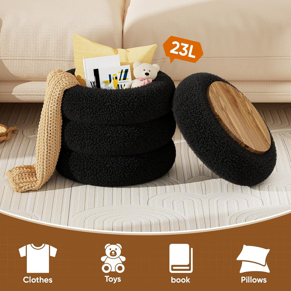 Soft Teddy Round Ottoman with Tray, 17.5 Inches Ottoman Coffee Table with Storage for Living Room, Vanity Stool with Storage Bedroom, Load up to 300 lb, No Assembly Required (Black)