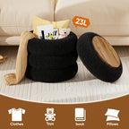 Soft Teddy Round Ottoman with Tray, 17.5 Inches Ottoman Coffee Table with Storage for Living Room, Vanity Stool with Storage Bedroom, Load up to 300 lb, No Assembly Required (Black)