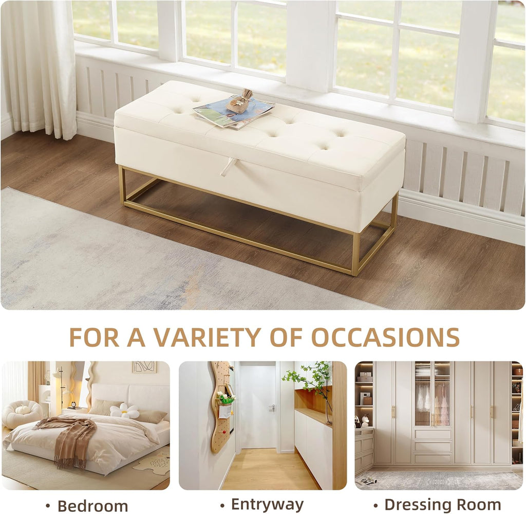 46" End of Bed Bench, Storage Bench with Metal Base Holds up to 500 lbs, Button Tufting Design Velvet Upholstered Bedroom Bench for End of Bed, Livingroom, Entryway, Window, Beige