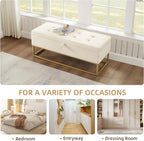 46" End of Bed Bench, Storage Bench with Metal Base Holds up to 500 lbs, Button Tufting Design Velvet Upholstered Bedroom Bench for End of Bed, Livingroom, Entryway, Window, Beige