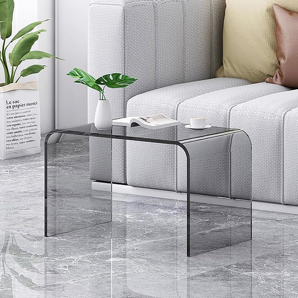 C Shaped Acrylic Side Table,Modern End Table for Sofa,Multipurpose Transparent Couch Tables Slides Under Couch for Living Room, Bedroom(12" L x 12" W x 25.5" H, Blue)