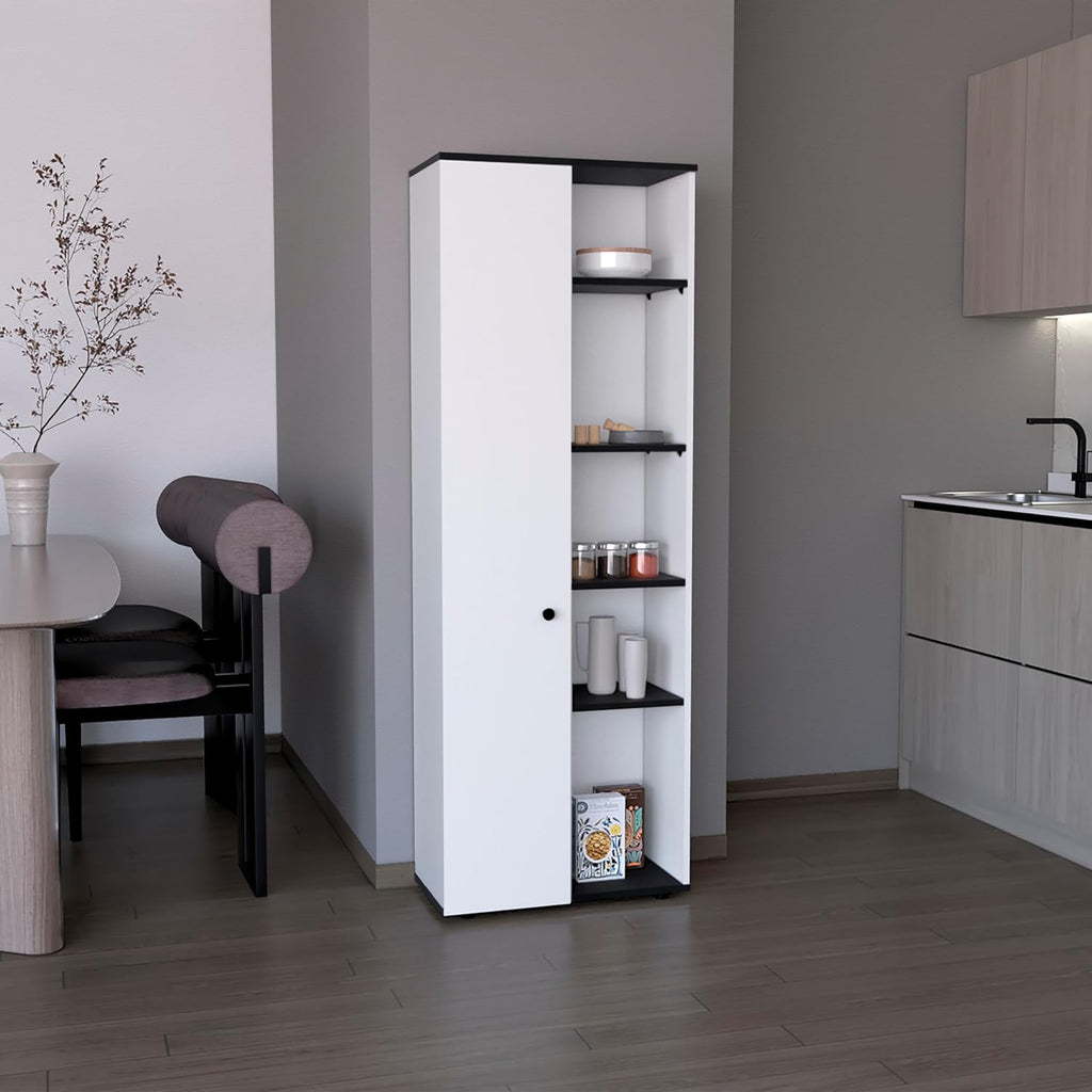 67" H Kitchen Storage Cabinet with One Door, Five Interior Shelves and Five Exterior Shelves,White/Black