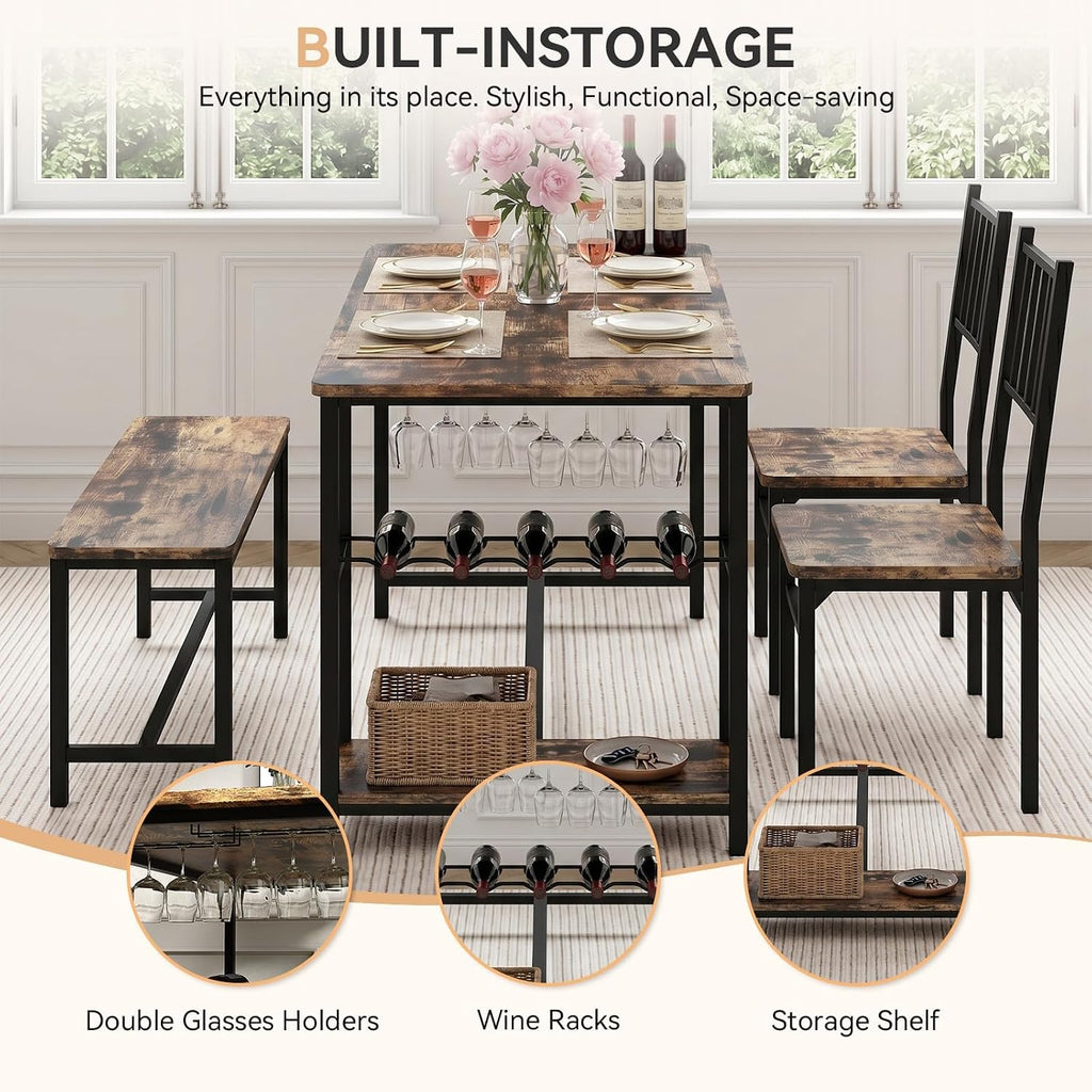 55-Inch Dining Table Set for 4 with Bench, Wine Rack, Rustic Brown | 4-Piece Kitchen Table Set with 2 Chairs, Bench, Stemware Holder and Storage Shelves for Small Spaces and Apartments