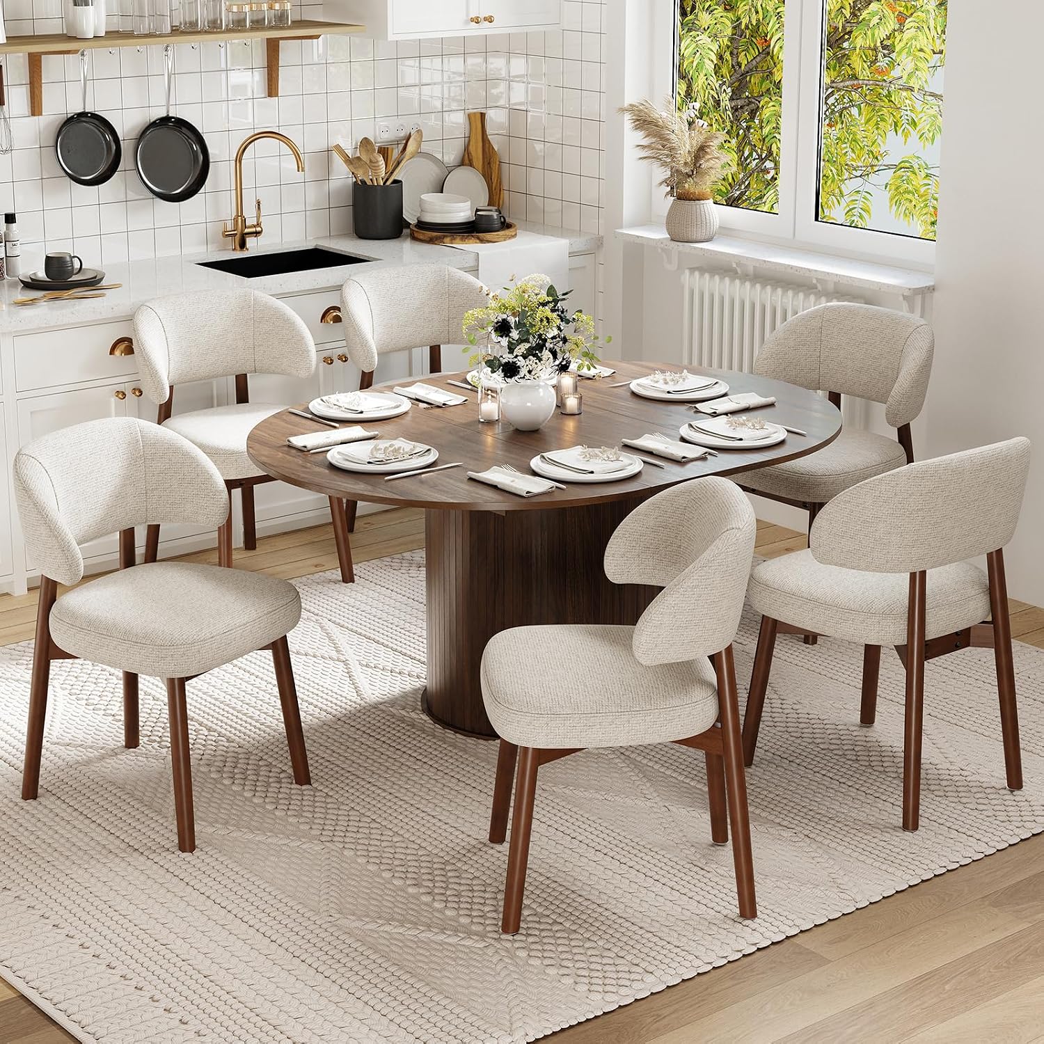 MALOL 47"-63" Extendable Round to Oval Dining Room Table Chairs Set for 4-8, Modern Wooden Kitchen Table and Chairs with Hidden Storage and Fluted Design for Dining Room/Small Space(Walnut and Beige)