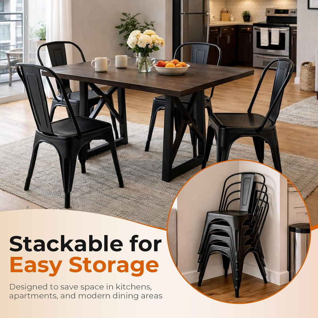 Set of 8 Midnight Black Metal Dining Chairs, Classic Tolix Style Stackable Kitchen Chairs, Durable Steel Seating for Indoor Cafe & Bistro