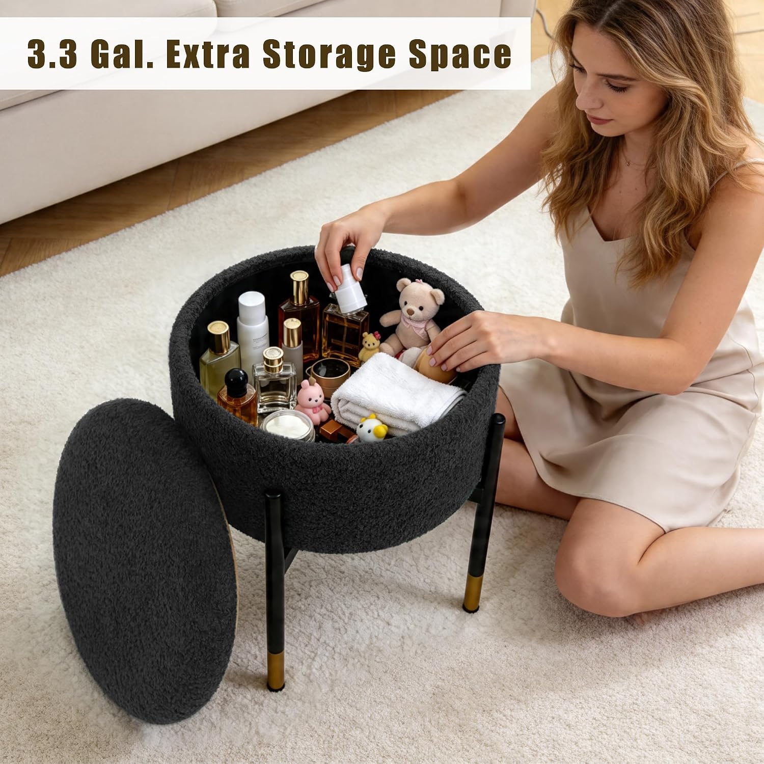 Round Ottoman with Storage,Soft Velvet Vanity Stool,Ottoman Coffee Table with Metal Legs,Foot Stool for Living Room Bedroom, Black