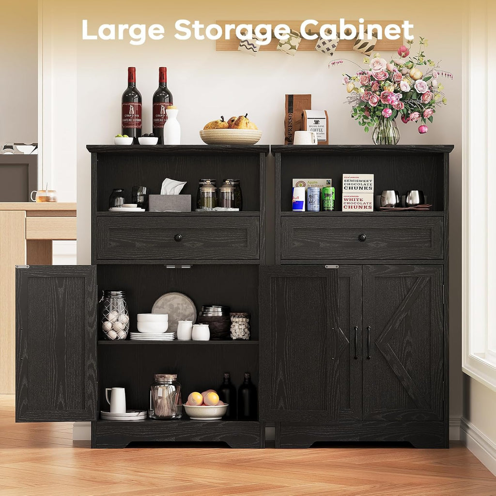 Floor Cabinet, Farmhouse Storage Cabinet with Barn Doors and Drawer, 11.81" D x 23.62" W x 39.37" H Black Freestanding Adjustable Shelf Organizer for Bathroom, Kitchen, Living Room