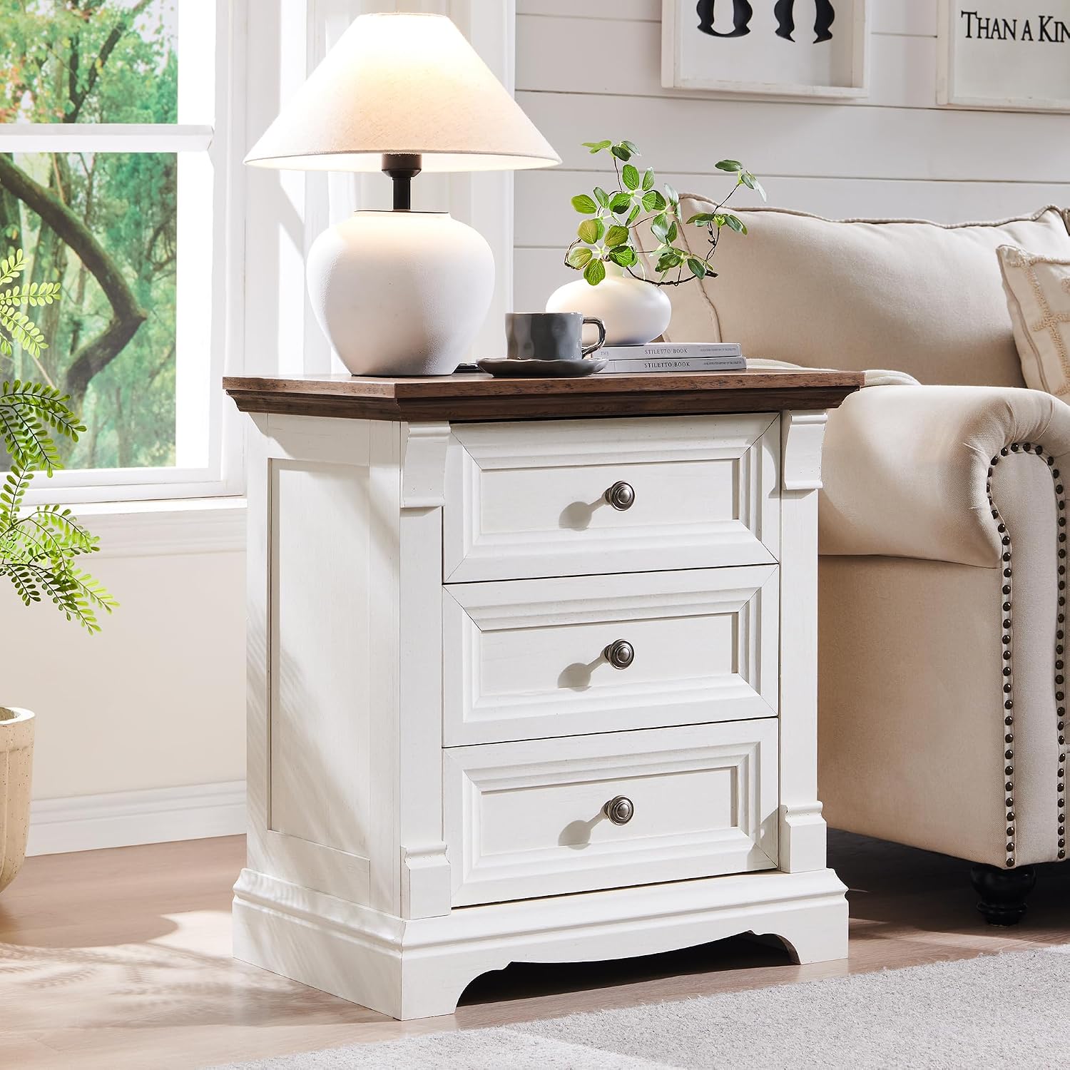 Farmhouse 26"H Nightstand Set of 2, 23.6"W End Table with Charging Station | 3 Drawers Storage, Wood Side Table w/Roman Column, Bedside Cabinet for Bedroom, Living Room, Antique White