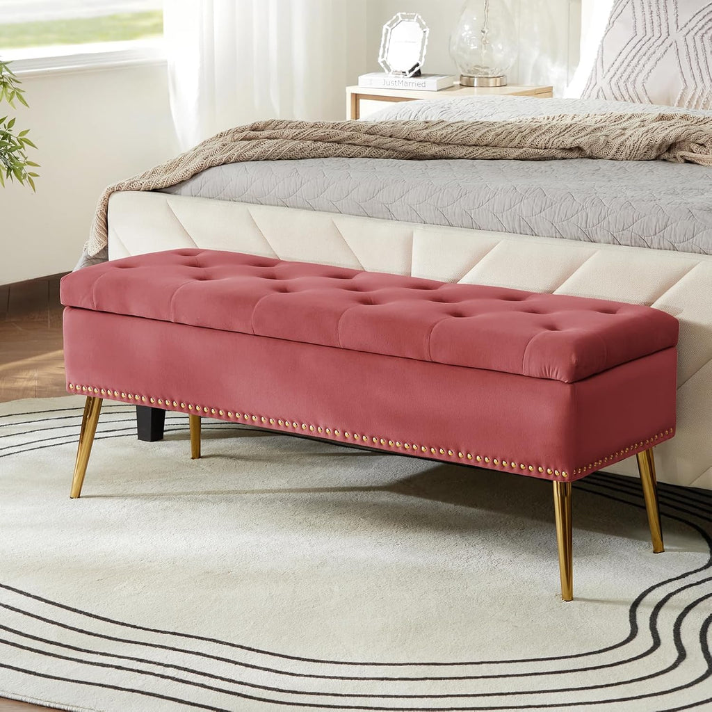 HULALA HOME Modern Velvet Storage Ottoman Bench with Gold Base & Nailhead Trim, Upholstered Bedroom Bench for End of Bed, Button-Tufted Footstool for Entryway Living Room Dining Room, Rosewood