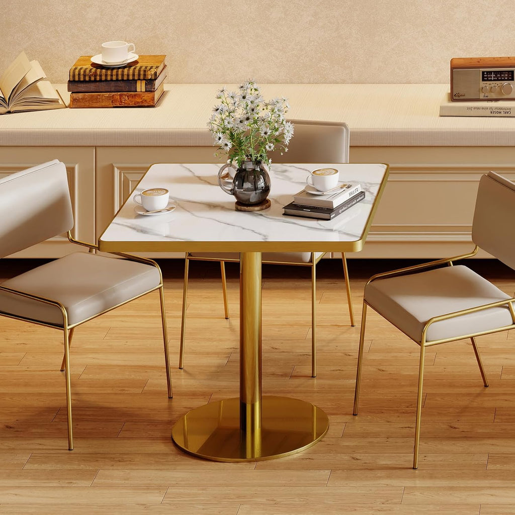 31.5'' Square Modern Dinning Table with Sintered Stone Tabletop, Golden Edge & Pedestal Base, Bistro Tulip Table for 2-4 Person for Dining Room/Cafe/Small Spaces/Restaurant (Snow Peak Marble)