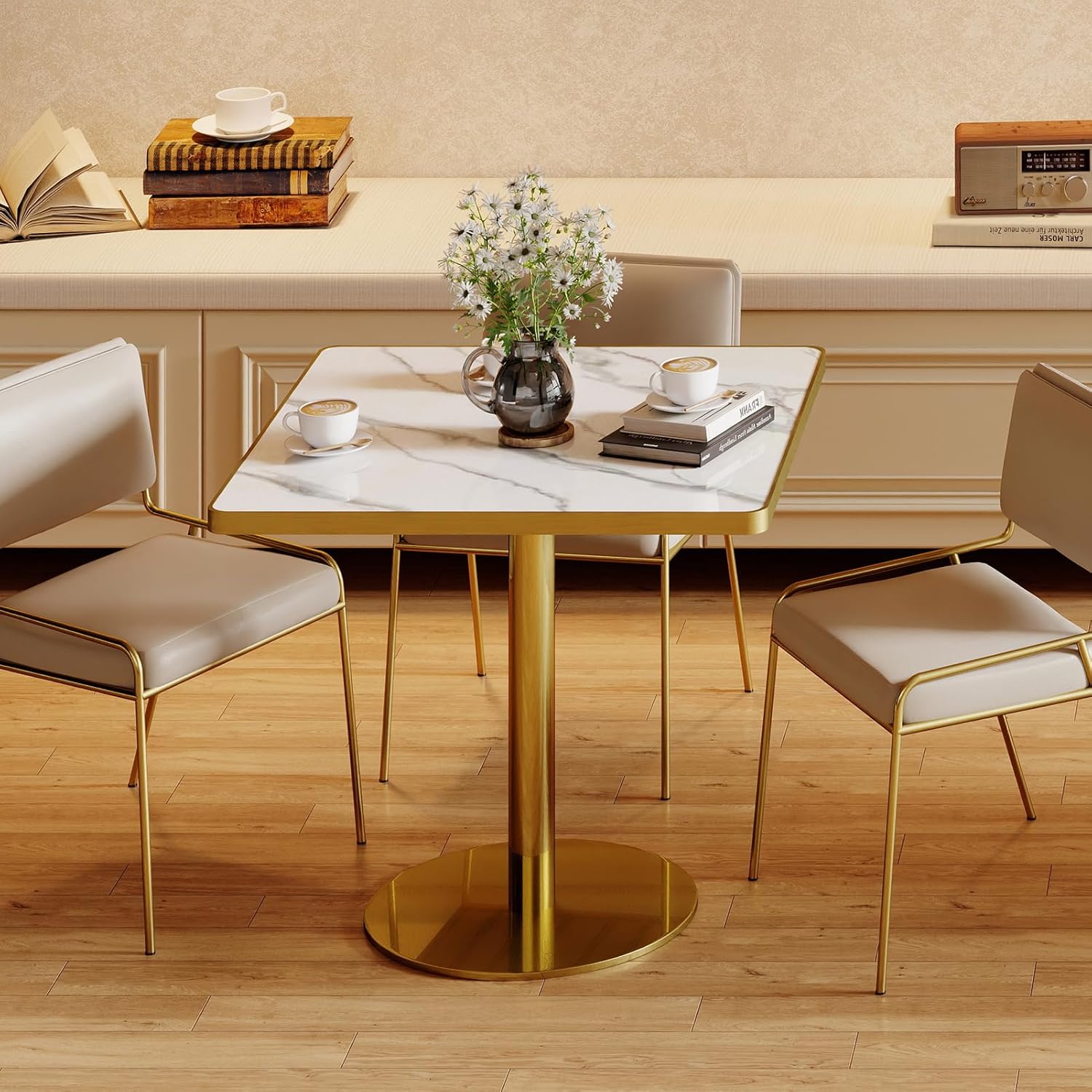 31.5'' Square Modern Dinning Table with Sintered Stone Tabletop, Golden Edge & Pedestal Base, Bistro Tulip Table for 2-4 Person for Dining Room/Cafe/Small Spaces/Restaurant (Snow Peak Marble)