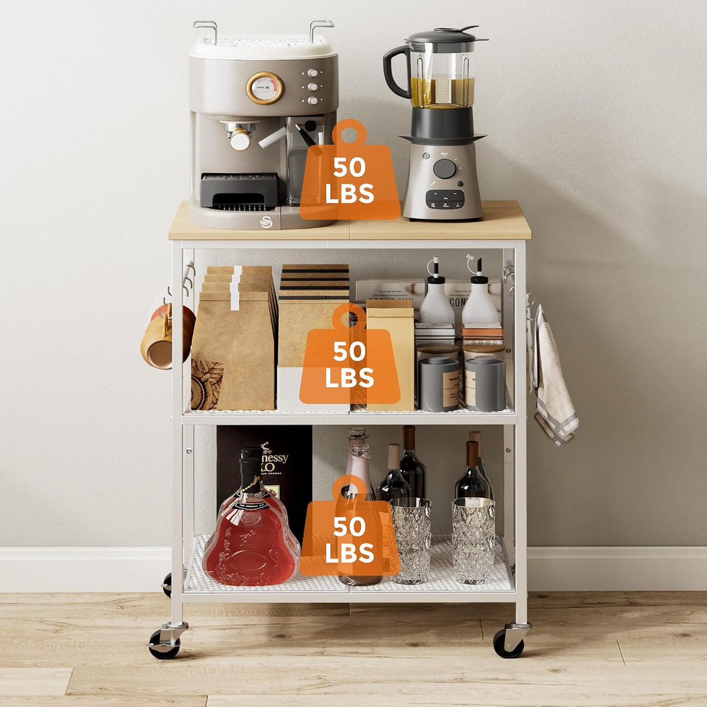 Homleke 3-Tier Rolling Kitchen Microwave Cart, Utility Cart | with Lockable Wheels Coffee Bar Table Station with 6 Hooks, Small Appliance Storage Shelf, White and Natural