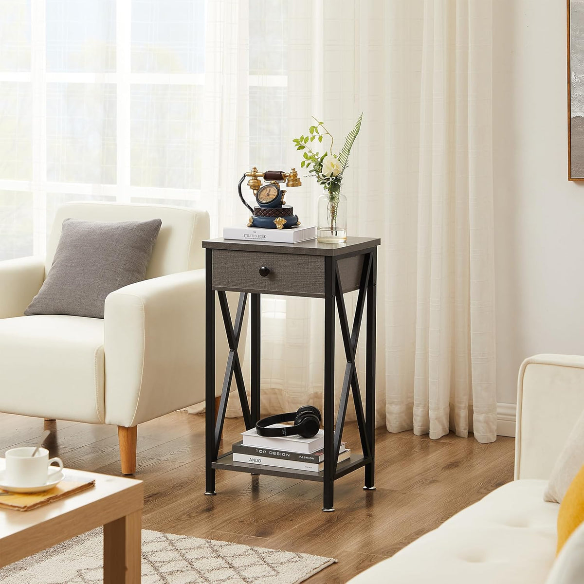 VECELO Tall Nightstand,27.6 inch Wooden End Table with Metal X-Frame,Side Table with Drawer and Storage Shelf for Living Room Bedroom Entryway Small Spaces