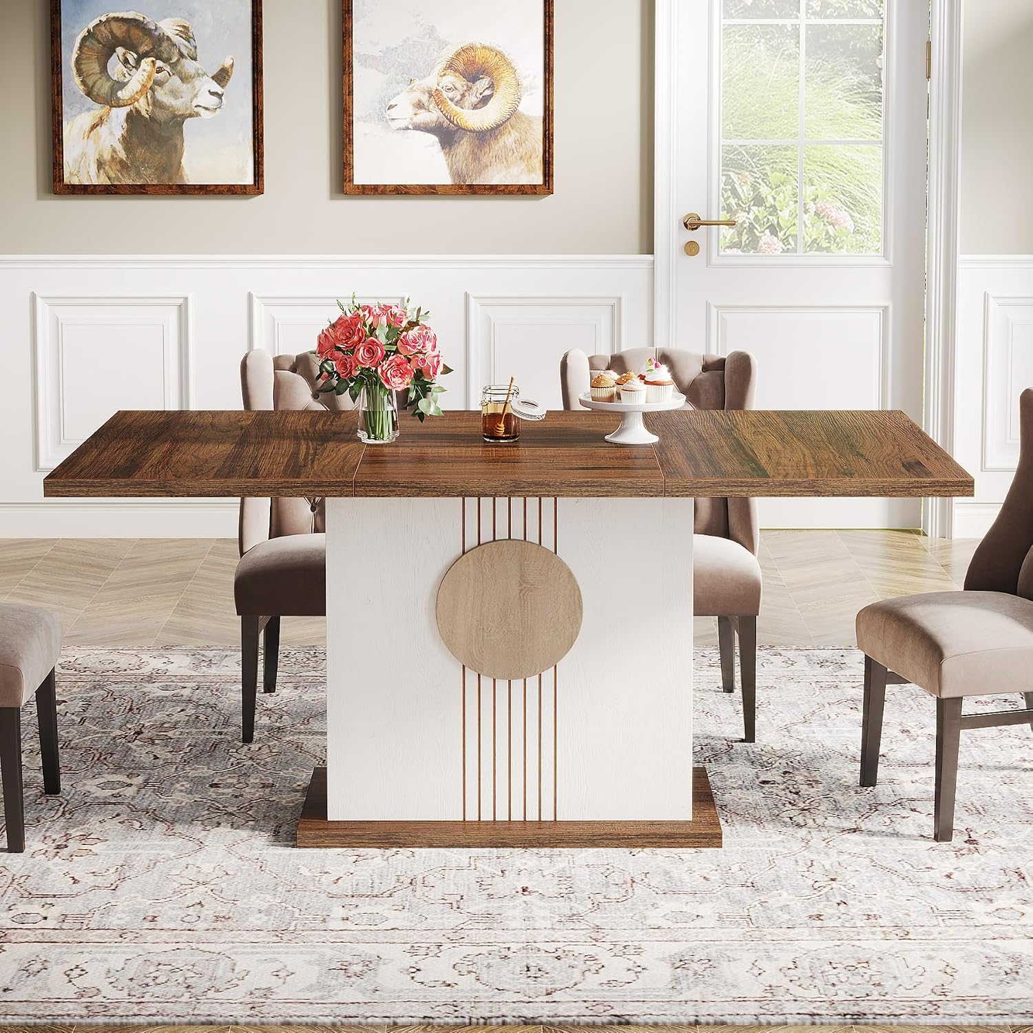 Tribesigns 55" Rectangular Dining Table for 4 to 6 People, Farmhouse Wood Dinner Table for Kitchen, Dining Room & Living Room, Oak Brown & White