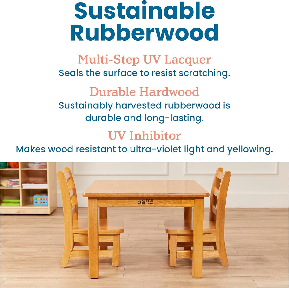 ECR4Kids 30in x 30in Square Hardwood Table with 16in Legs and Two 8in Chairs, Kids Furniture, Honey, 3-Piece | Durable rubberwood, GREENGUARD Gold Certified, ANSI/BIFMA Compliant, 2-3 years, 74 lb seat capacity, classroom & home use
