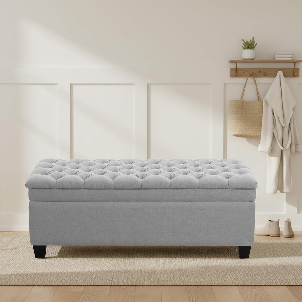 50" Storage Ottoman Bench, Rectangular End of Storage Bench, Upholstered Large Fabric Tufted Ottoman with Storage for Living Room, Bedroom, Entryway,Light Gray
