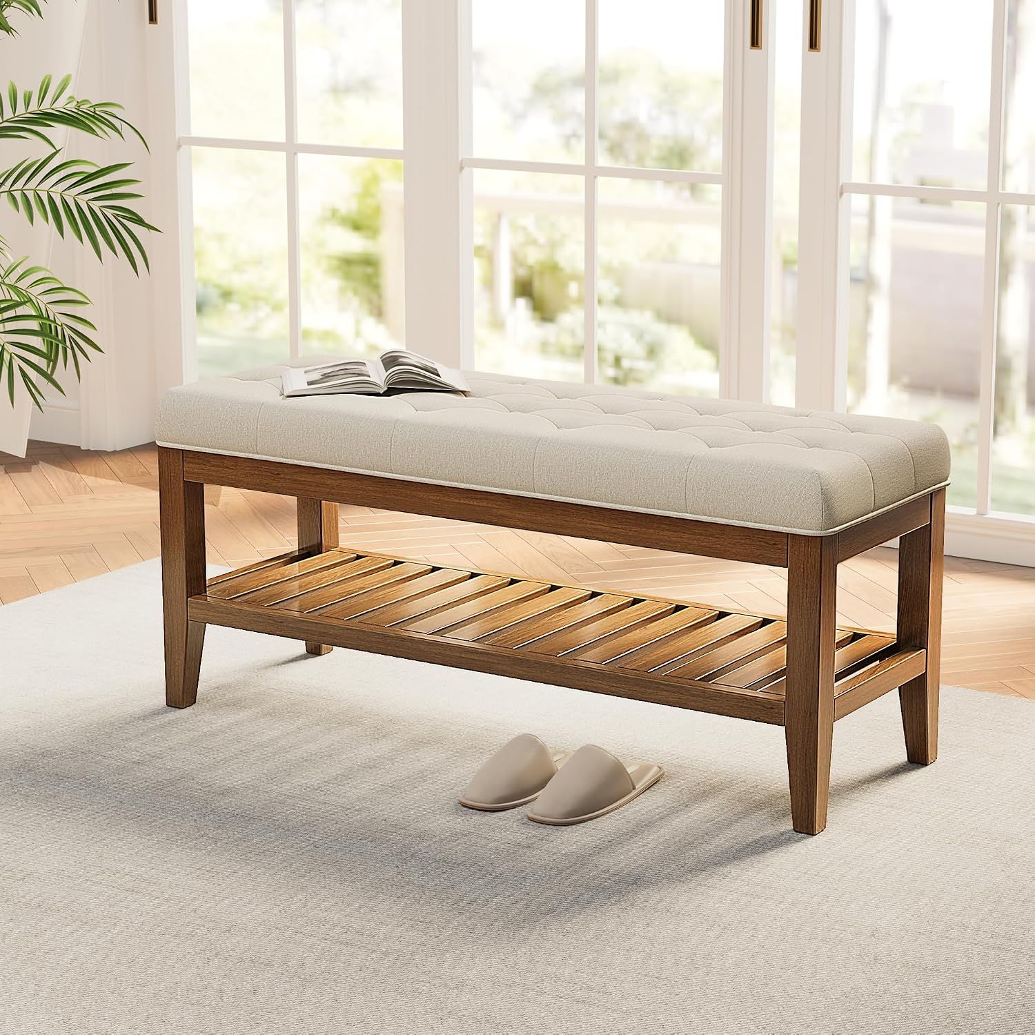 REONEY 43" End of Bed Bench, Upholstered Bedroom Storage Ottoman Bench, Entryway Shoe Bench, Padded Window Seat with Solid Wood Legs, for Living Room, Hallway, Beige Linen