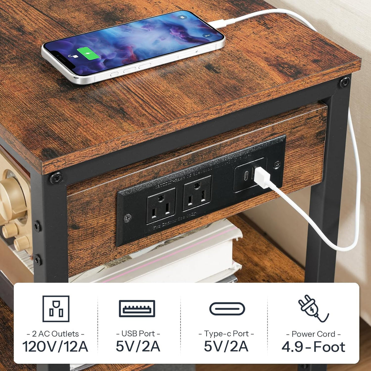 HOOBRO End Table with Charging Station, Side Table with 3 Tier Storage Shelf, Narrow Nightstand for Small Spaces, for Living Room, Bedroom, Easy Assembly, Rustic Brown and Black BF149UBZ01