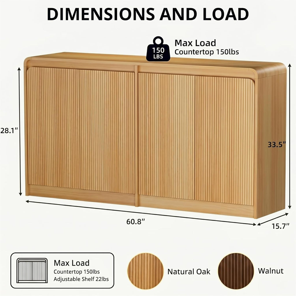 FURSUN 61" Modern Fluted Sideboard with Curved Design, 4-Door Buffet Cabinet with Adjustable Shelves, Large Wood Coffee Bar Station for Dining Room & Kitchen(Natural Oak)