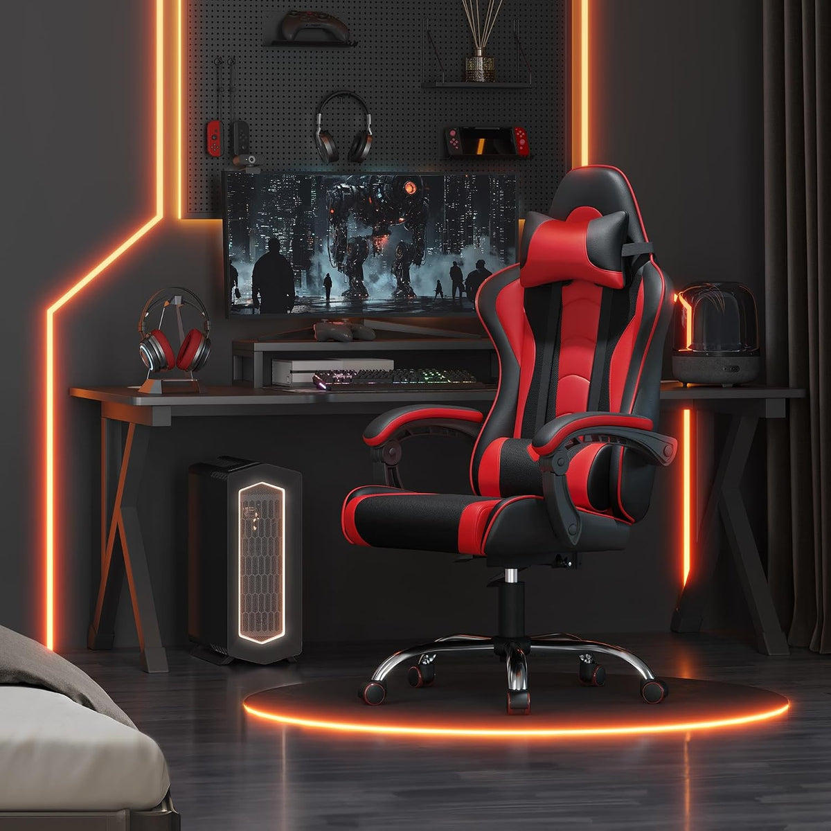 Yaheetech Gaming Chair with Massage Lumbar Pillow High Back Reclining Red | PU leather racing seat with thick foam padding, massaging lumbar cushion, headrest, and steady recline for all-day comfort.