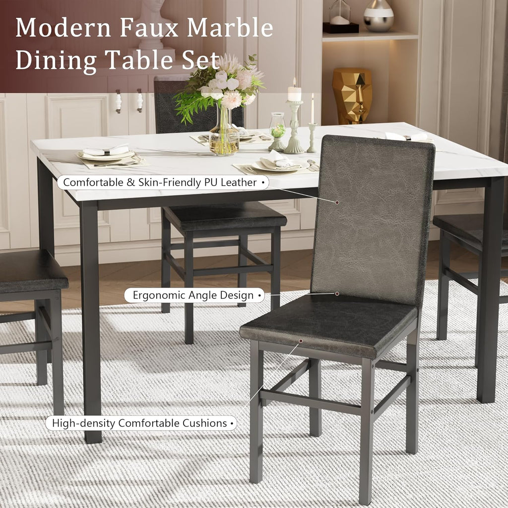 Dining Table Set for 4, 5-Piece Faux Marble Dining Set,4 Upholstered PU Chairs, Modern Kitchen Table Furniture for Dining Room,Compact Space-Saving Faux Marble Tabletop (White + Black)