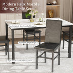 Dining Table Set for 4, 5-Piece Faux Marble Dining Set,4 Upholstered PU Chairs, Modern Kitchen Table Furniture for Dining Room,Compact Space-Saving Faux Marble Tabletop (White + Black)