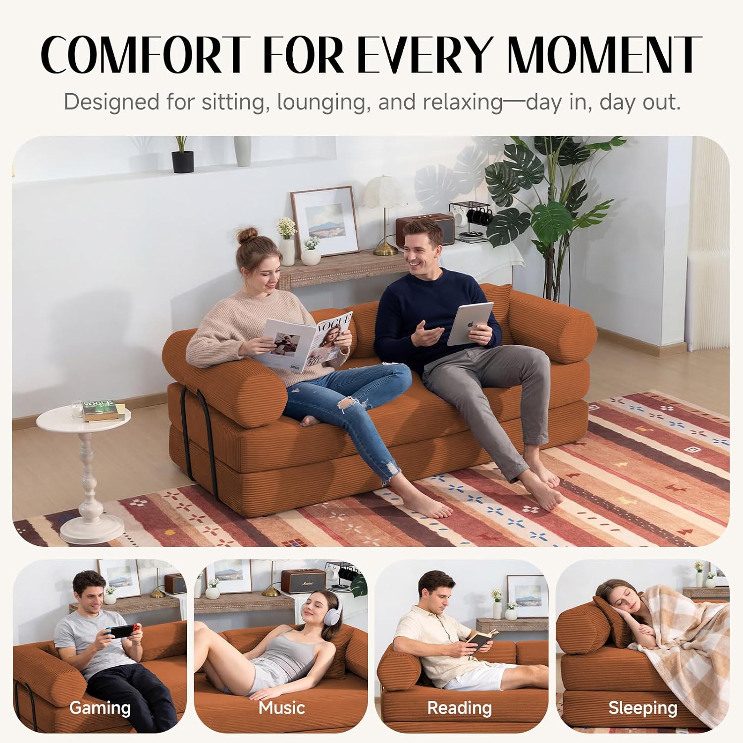 79" Corduroy Sofa Bed, Couch in a Box with 2 Pillows, High-Density Foam 4-in-1 Foldable Sleeper Futon Loveseat for Small Spaces, No Assembly, Side Pockets, Hex Arm Orange