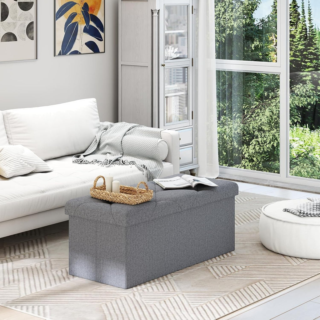 30 Inches Storage Ottoman, Folding Storage Ottoman Bench,Ottomans Foot Rest, End of Bed Bench 400LBS, Ottomans Bench Storage for Bedroom, Entryway, Living Room, Grey, 15" D x 30" W x 15" H