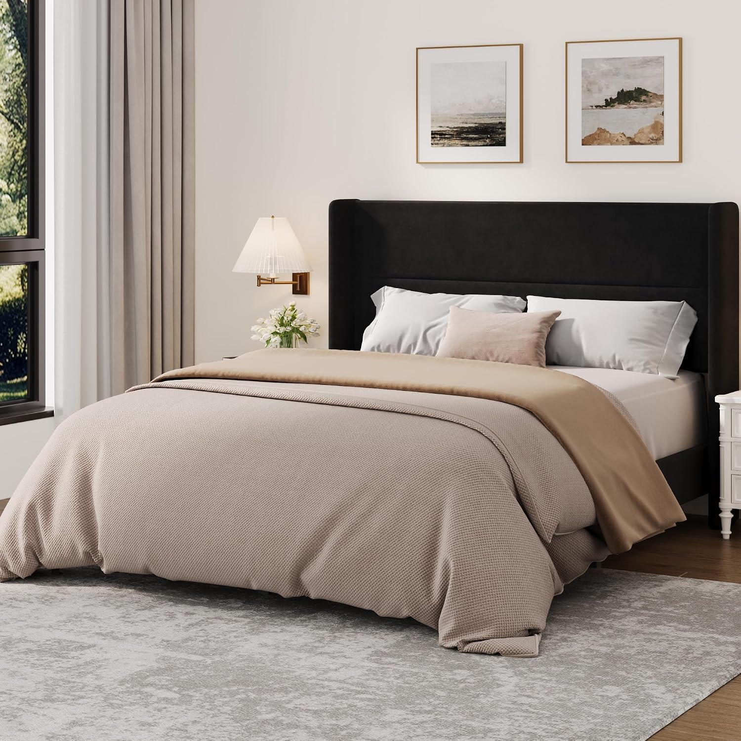GarveeHome Queen Bed Frame with Wingback Headboard, Velvet Upholstered
