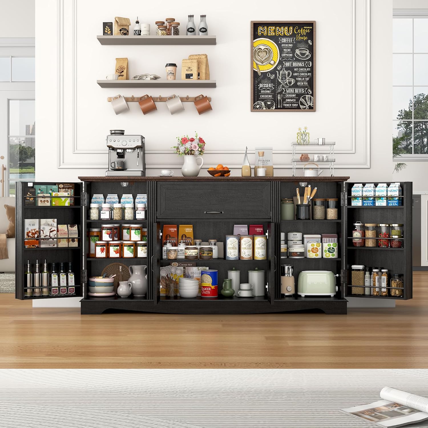 65" Sideboard Buffet Cabinet with Storage, Farmhouse Kitchen Pantries Sideboard Cabinets with Drawer, Wood Coffee Bar Cabinet with Adjustable Shelves, Storage Cabinets for Kitchen, Black