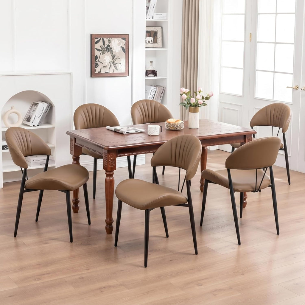 PU Leather Dining Chairs Set of 6, Mid Century Modern Dining Chairs with Stitching, Upholstered Kitchen & Dining Room Chairs with Curved Back and Black Metal Legs (Brown)