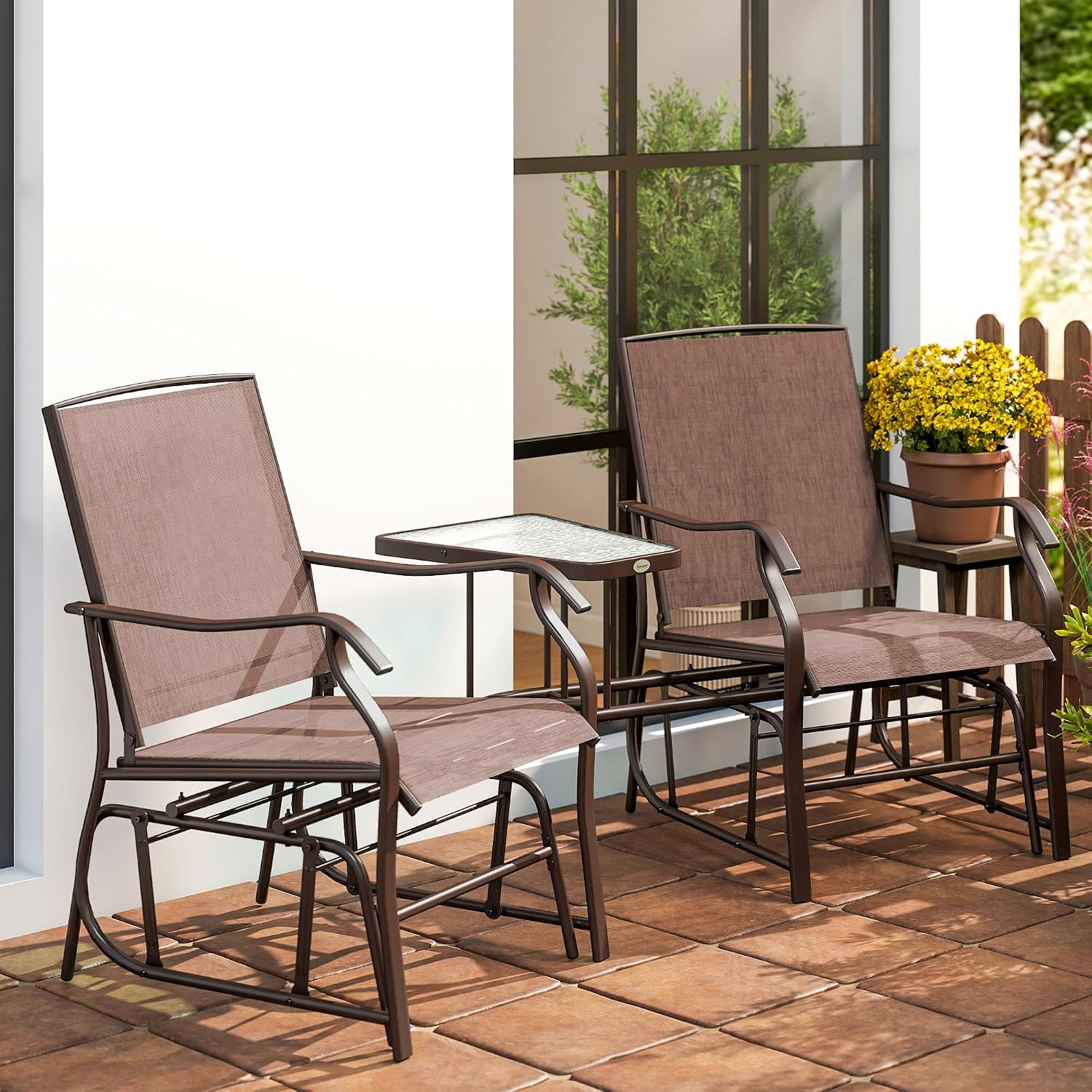 Outsunny Outdoor Glider Chair with Table 2-Seat Patio Loveseat Coffee Brown | Rocking Chair Swing Love Seat, Breathable Sling, Backyard Garden Porch