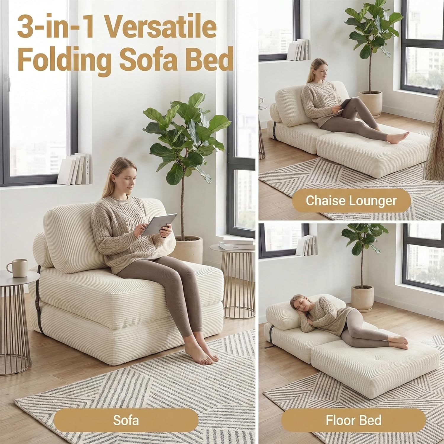 KOMFOTT Convertible Folding Sofa Bed with Pillow, Fold Out Sleeper Chair with Back Support, Tufted Corduroy Floor Sofa with Fixing Straps for Living Room Bedroom Guest Room (Beige)