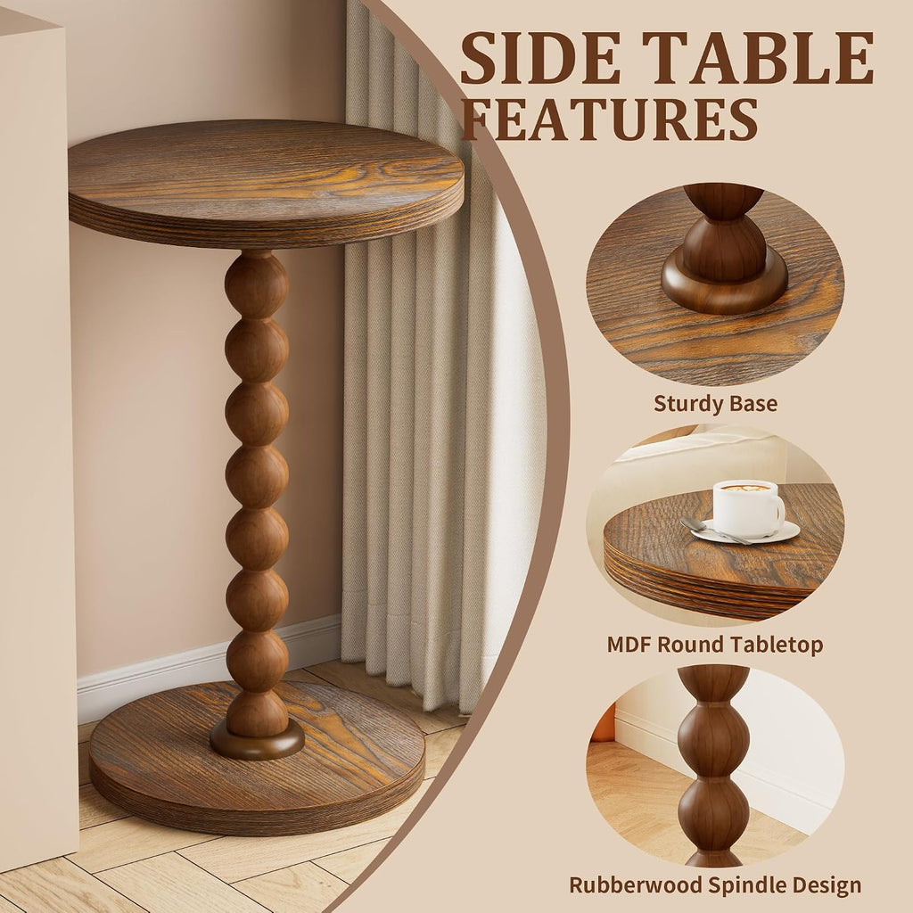 Round Side Table, Drink Table for Small Spaces, Modern Accent Nightstand with Rubberwood Leg for Living Room, Bedroom, Corners, and Office (Brown)