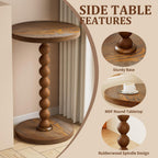 Round Side Table, Drink Table for Small Spaces, Modern Accent Nightstand with Rubberwood Leg for Living Room, Bedroom, Corners, and Office (Brown)