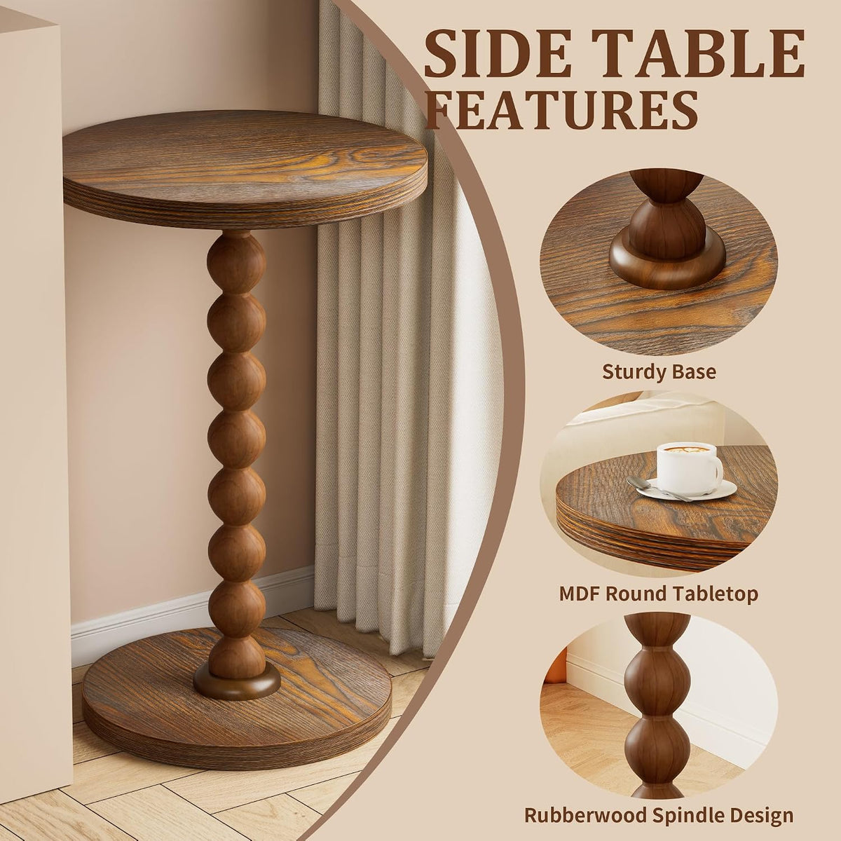 Round Side Table, Drink Table for Small Spaces, Modern Accent Nightstand with Rubberwood Leg for Living Room, Bedroom, Corners, and Office (Brown)