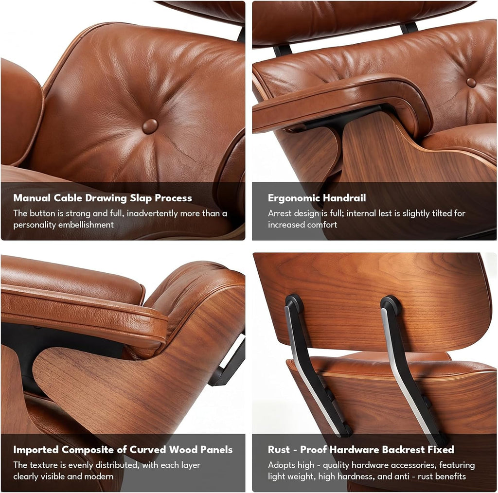 Top Grain Leather, Mid Century Chaise Lounge Chair and Ottoman, Reading Chair, Accent Chair, Modern Classic Chair, Heavy Duty Base Support for Living Room Lounge Office, Walnut-Brown, Heightening