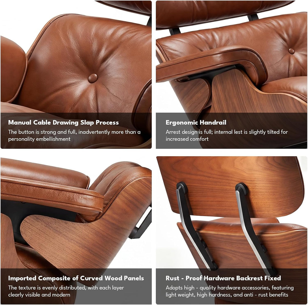 Top Grain Leather, Mid Century Chaise Lounge Chair and Ottoman, Reading Chair, Accent Chair, Modern Classic Chair, Heavy Duty Base Support for Living Room Lounge Office, Walnut-Brown, Heightening