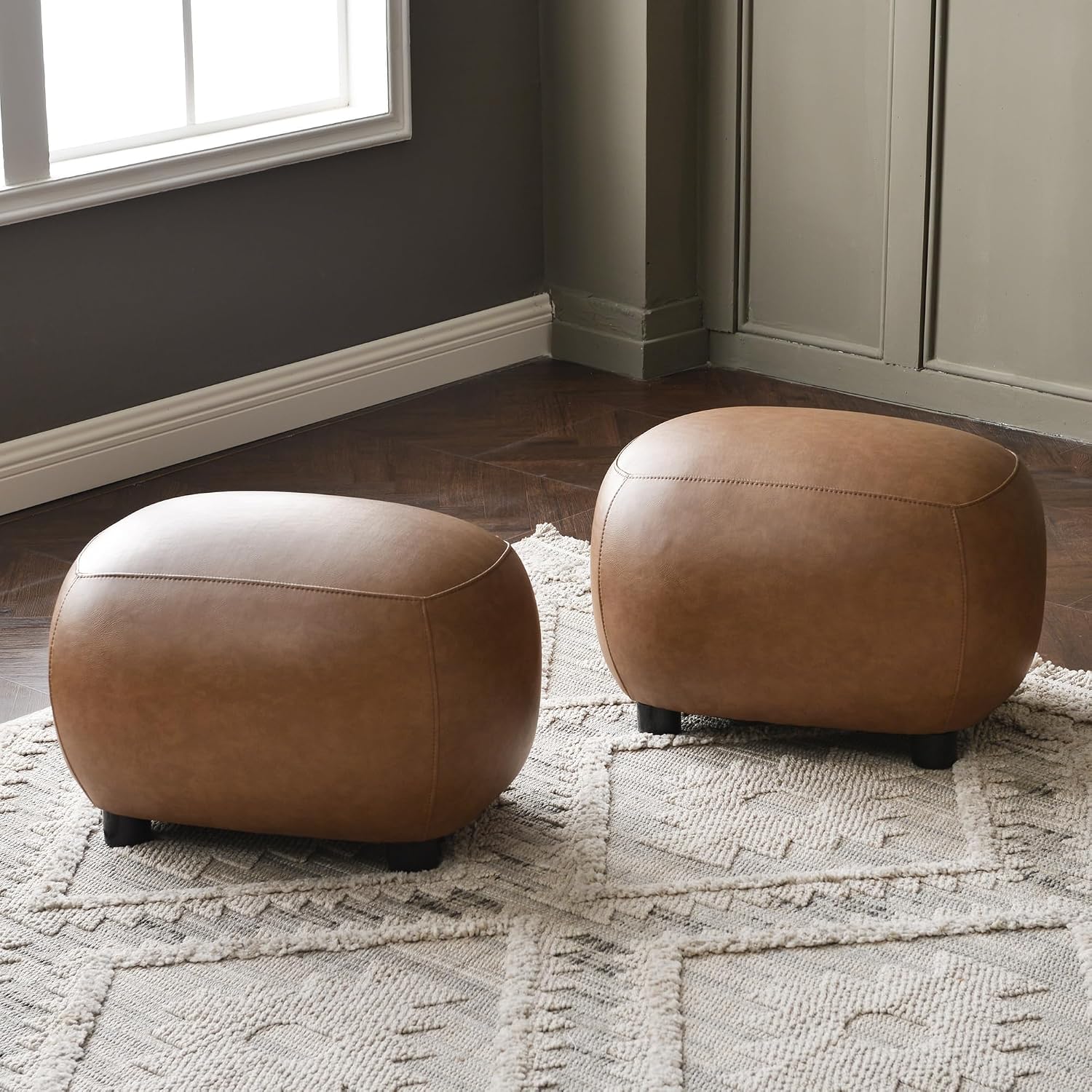 KINWELL 23" Wide Faux Leather Upholstered Ottoman Set of 2, Camel | Living Room Footrest with Soft Padded Seat, Mid-Century Modern Entryway Footstool for Bedroom, Entryway or Living Room
