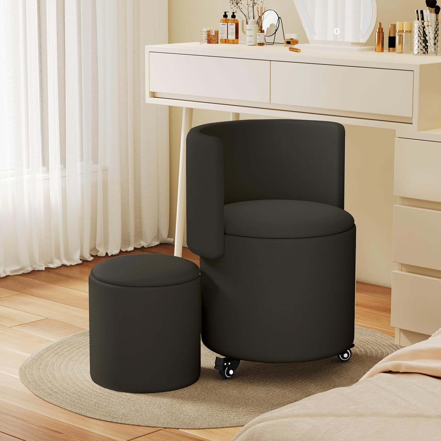Round Vanity Chair with Storage, Rolling PU Leather Swivel Work Makeup Stool Chair with Folding Back, Upholstered Ottomans for Bedroom Living Room